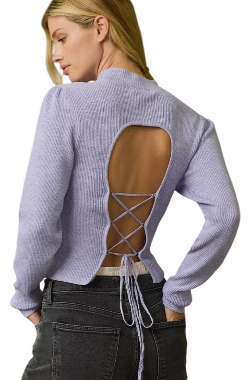 Anthropologie Purple Metallic Ribbed Mock Neck Lace Up Open Back Sweater